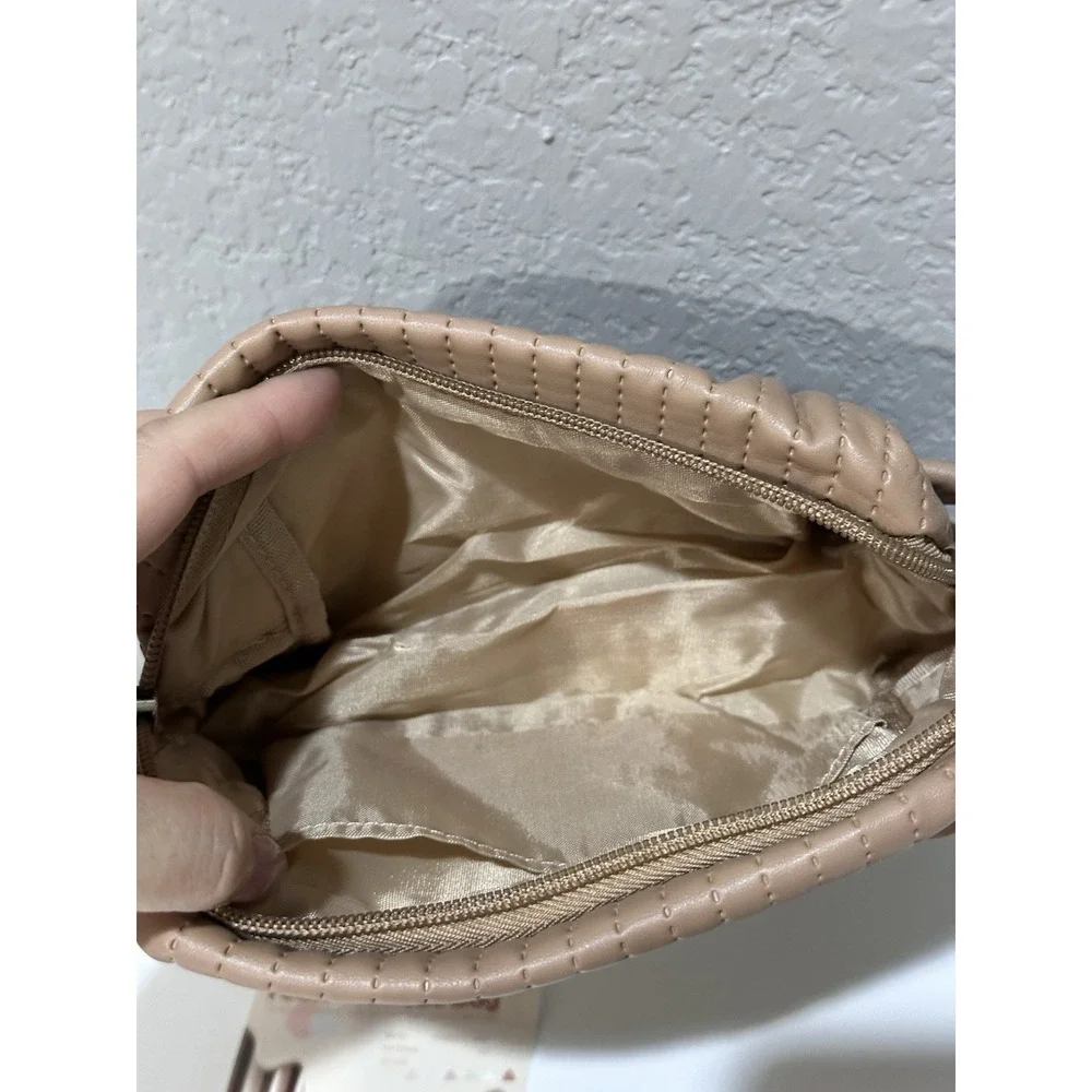 Love Peace Camel Tan Zipper Makeup Bag Cosmetic Pouch Handle 8x5 in